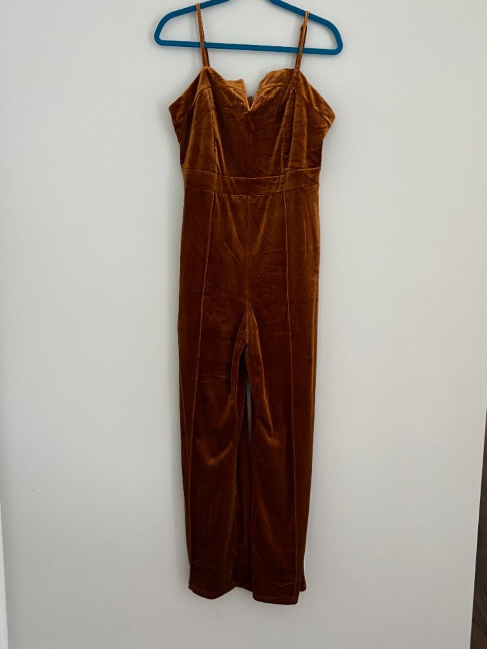Rust Orange Velvet Wide-Leg Jumpsuit V-Wire Sweetheart 70s retro Boho Chic L